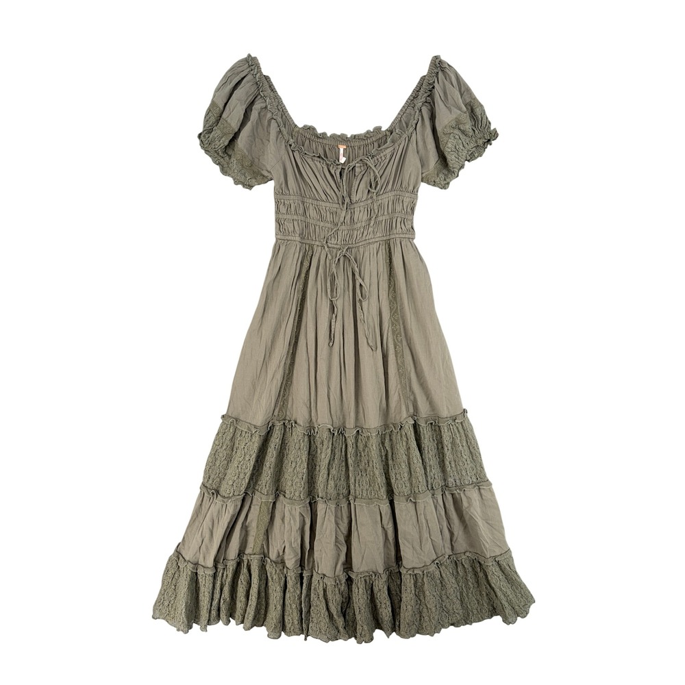 Free People Extratropical Maxi Dress Olive Green Lace Tiered Boho Small Cottage
